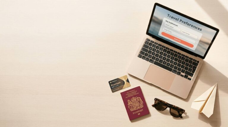 Carte cadeau voyage surprise pour entreprise posée sur un bureau avec passeport, symbole de la motivation des salariés
