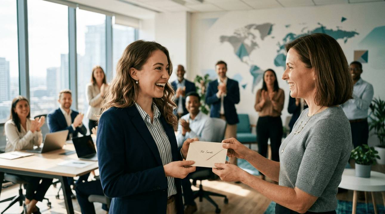 Salariée recevant une carte cadeau voyage surprise lors d'une remise de récompense incentive en entreprise