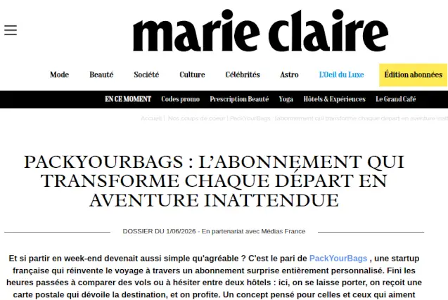Marie Claire – abonnement voyage surprise Pack Your Bags