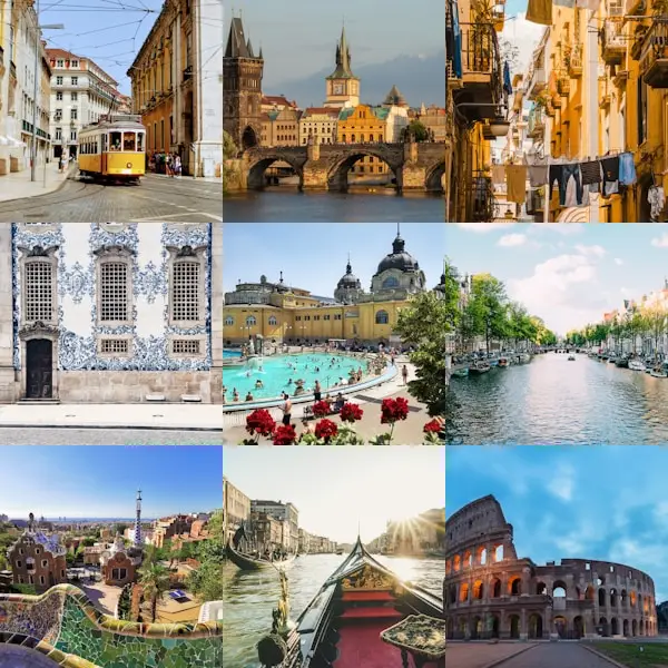 Destinations européennes proposées en box voyage surprise : Lisbonne, Prague, Naples, Porto