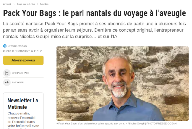 Ouest France – article presse Pack Your Bags voyage surprise