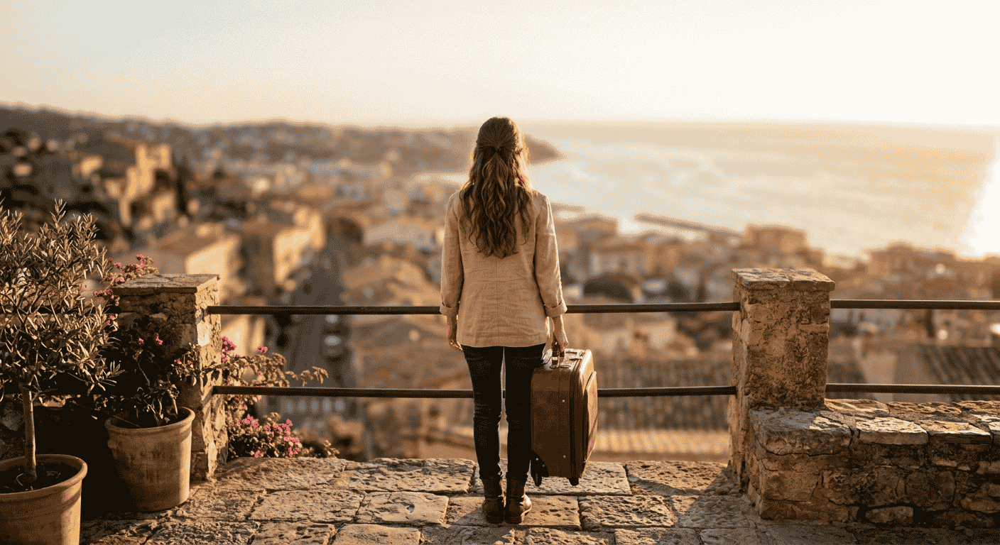 femme voyageant vers une ville
