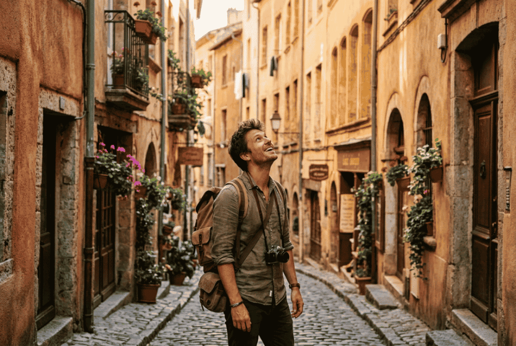 homme curieux et heureux dans la rue