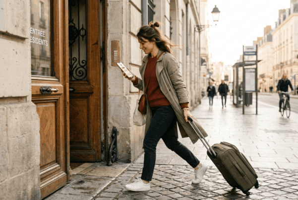 femme pressée avec une valise